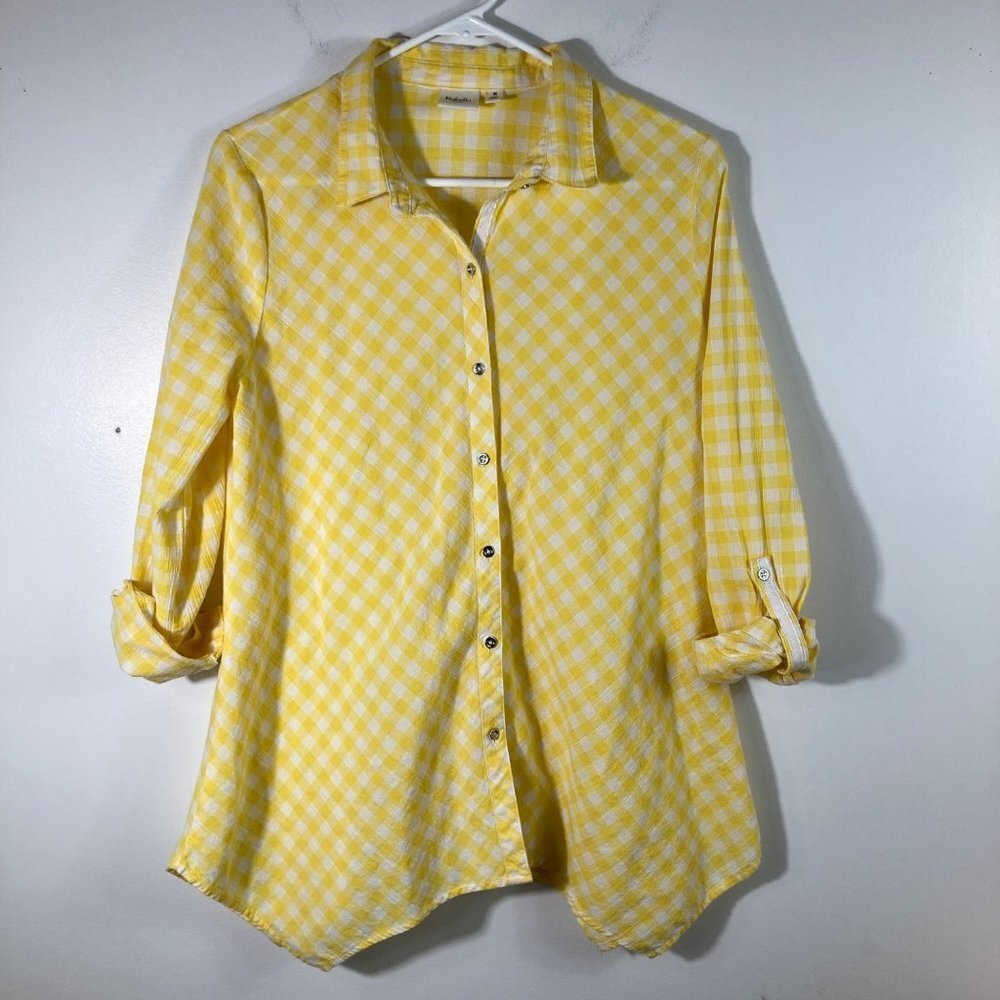 Womens Rafaella Weekend Yellow White Gingham Roll Sleeve Button Shirt S